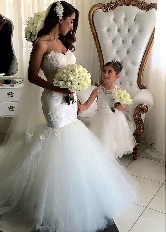 knee length dresses for ladies Lace Waist Sheer and High Slit Sweetheart Mermaid Wedding Dress main image 1