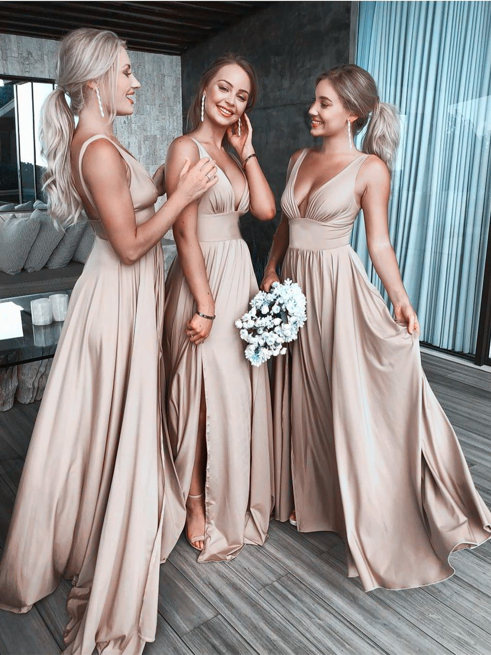 champagne satin bridesmaid dress