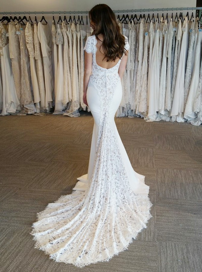 Shop Cheap Short Sleeves Mermaid Scalloped-Edge Court Train Ivory Wedding Dress with Lace Shop Cheap Short Sleeves Mermaid Scalloped-Edge Court Train Ivory Wedding Dress with Lace