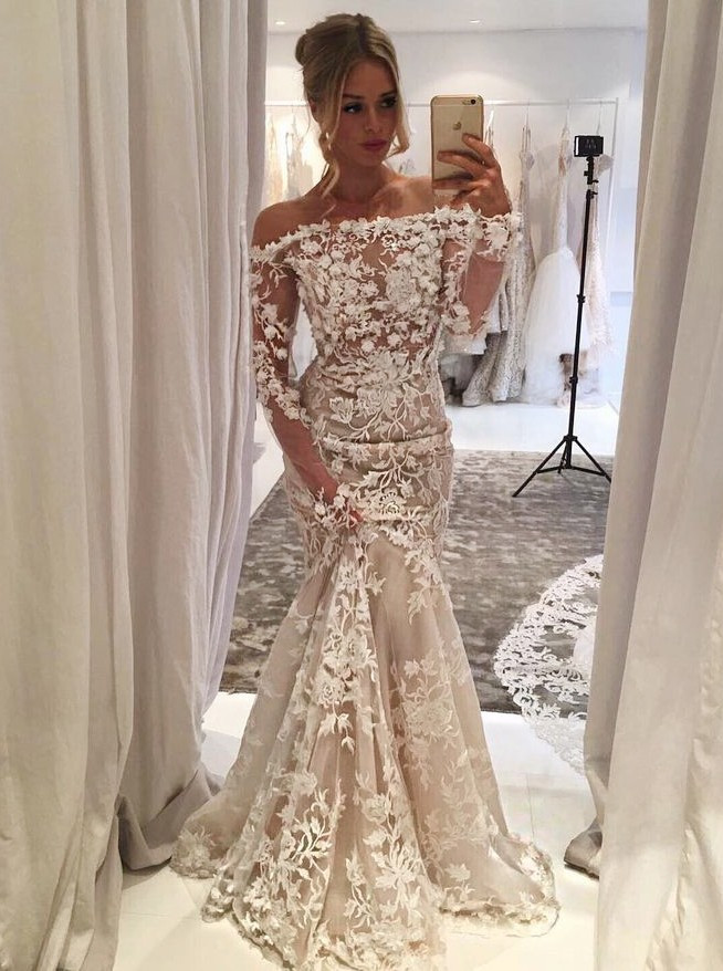 Mermaid Off Shoulder Light Champagne Tulle Appliques Wedding Dress with  Sleeves