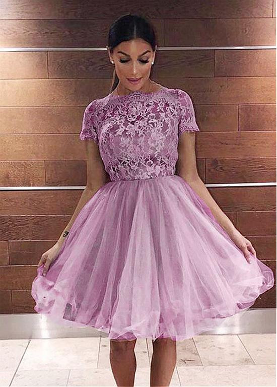 Shop Cheap Tulle Bateau Lilac Short Sleeves Knee-length A-line