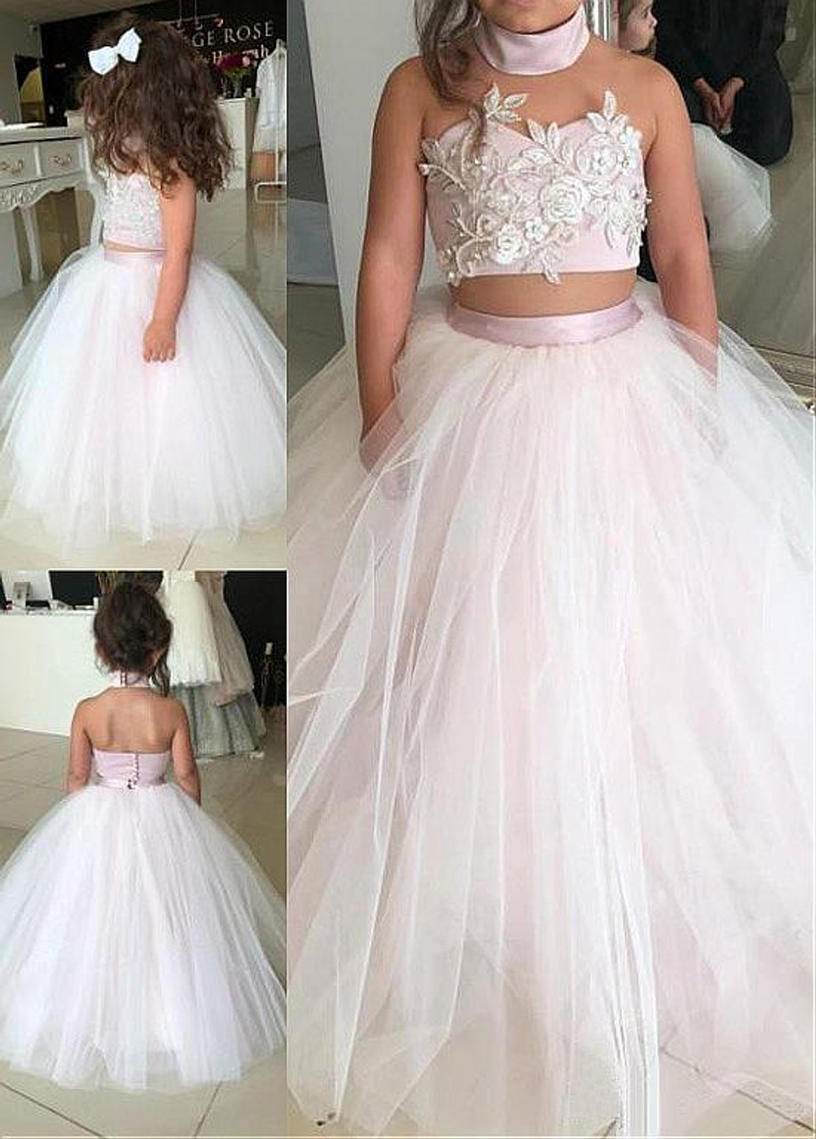 Cute A-Line Round Neck Pink Tulle Long Cheap Flower Girl Dresses with Lace,  QB0095 | Cheap flower girl dresses, Girls dresses, Long flower girl dresses