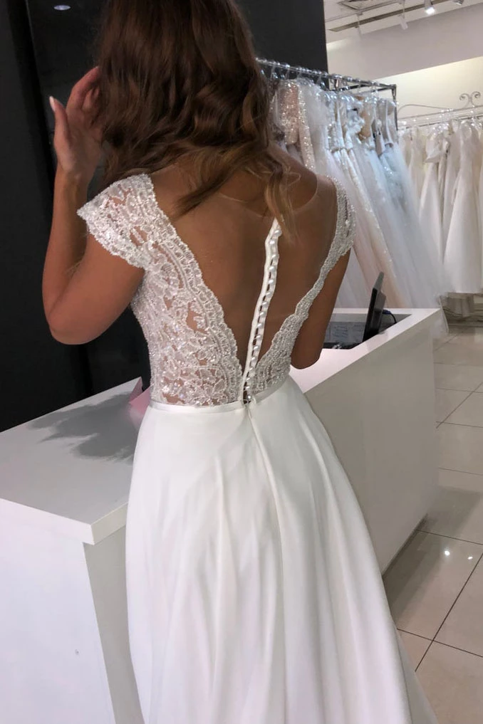 Shop Unique Cap Sleeves Sexy Illusion Neck Sheer Back Chiffon Wedding Dress