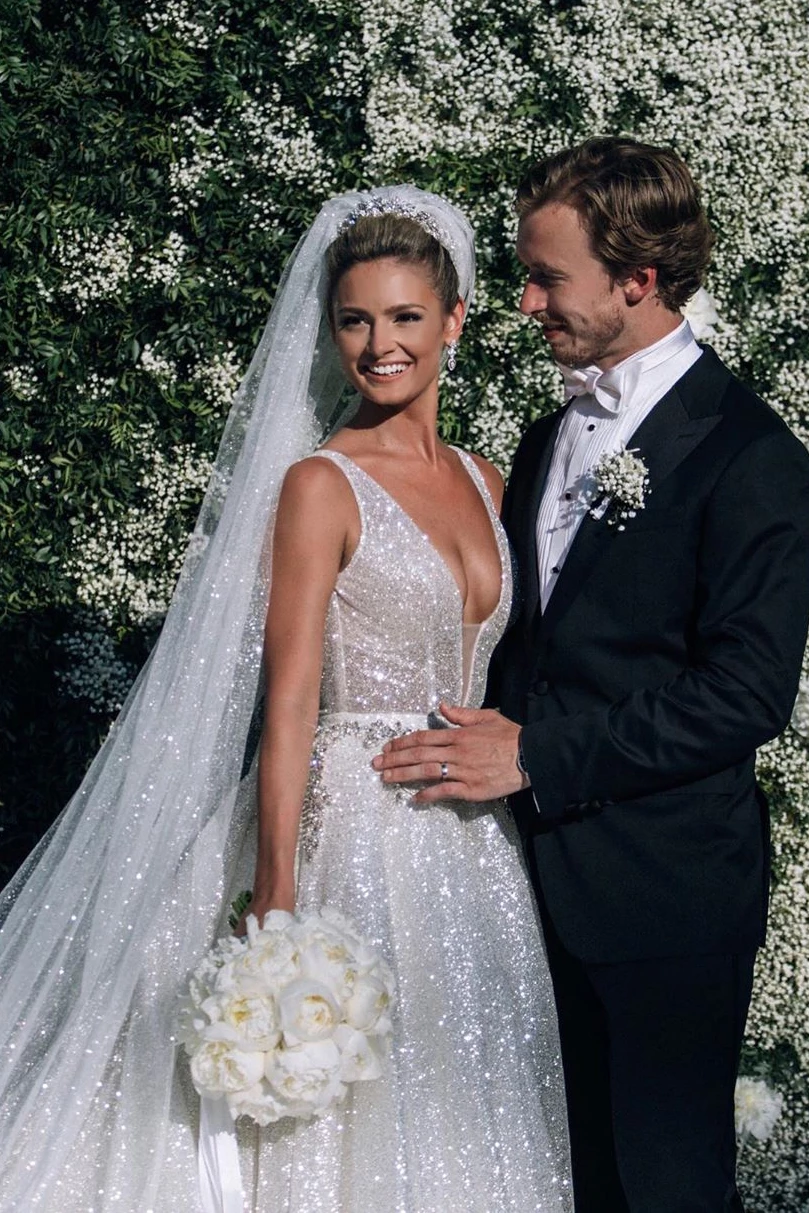 Shop Unique Sexy Sparkling V Neck Court Train Ball Gown Wedding