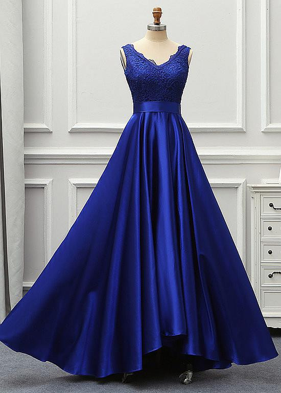 elegant mother of the bride dresses blue Berylove Women Blue Mother of the Bride Dress Satin A Line V Neck Long Sleeve Tea Length Wedding Guest Dress, Blue / US16W