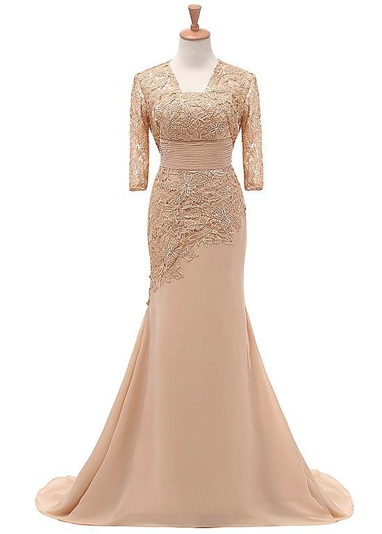 Chiffon V-neck Champagne Mermaid Mother Of The Bride Dresses With Jacket