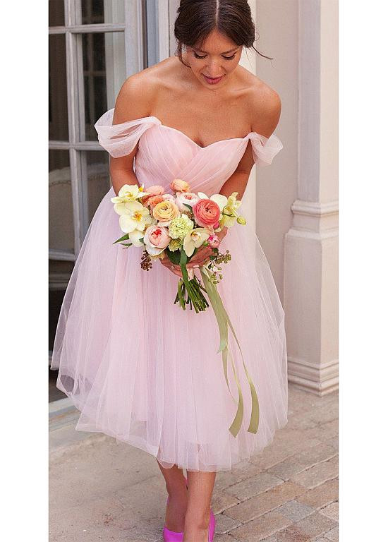 Shop Short Romantic Tulle Off The Shoulder Pink Pleats A-line Bridesmaid  Dresses from Annakoo