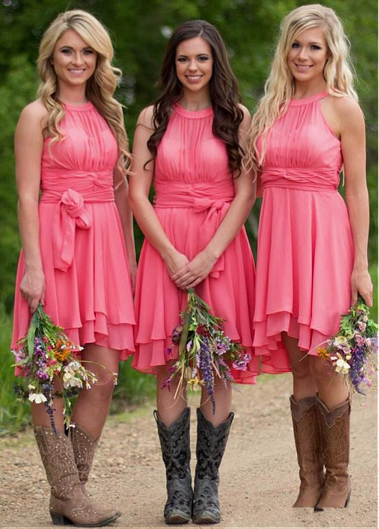 Cheap New Arrival Chiffon Jewel Watermelon Knee Length A-line Bridesmaid Dress under 80 Cheap New Arrival Chiffon Jewel Watermelon Knee Length A-line Bridesmaid Dress under 80