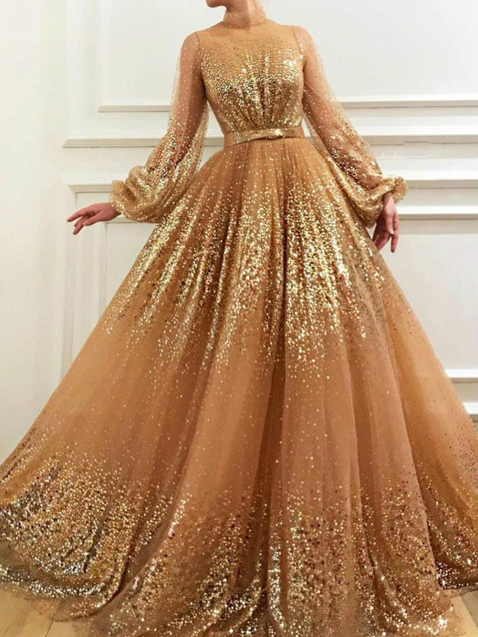 High Neck Long Champagne Dress