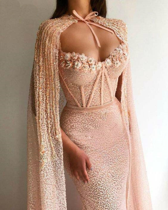 chinese dress ladies Zapaka Women Champagne Mermaid Satin Prom Dress with Sequins Strapless Corset Side Cape Formal Dress, Champagne / UK30 main image 1