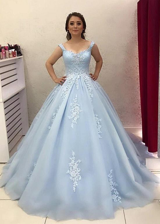 bridal dresses navy blue V Neck Light Blue Lace Prom Dresses, Light Blue Lace Formal Evening Dr –  jbydress
