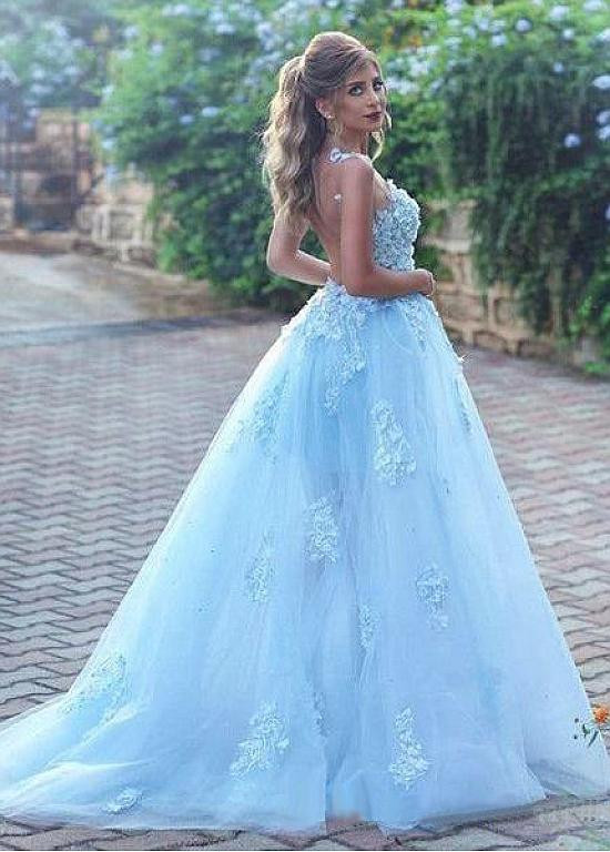 chinese dress ladies Plus Size Beaded Lace Blue Tulle Wedding Ball Gown – Brydealo main image 0