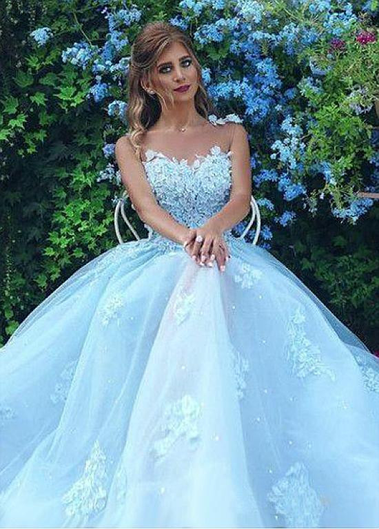 blue a line wedding dress Beautiful lace Top Short Sleeves Prom Dress Wedding Dress WD409 US6 / White/Blue