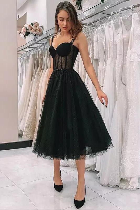 Shop 2020 Cheap Tulle Short Sweetheart Bodice Black Tea Length Prom Dress  from Annakoo