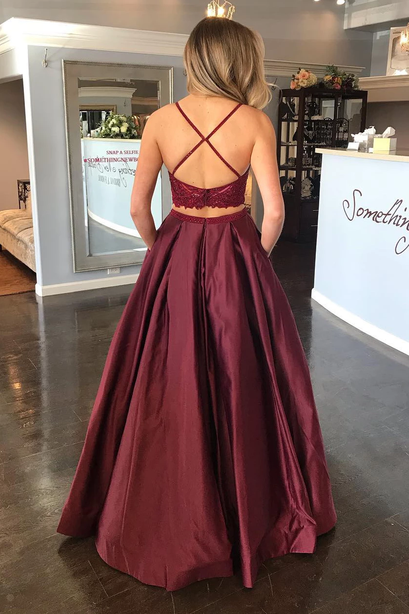 prom dresses 2 piece red Red Satin Two-piece Spaghetti Straps Prom Dress Only Skirt
