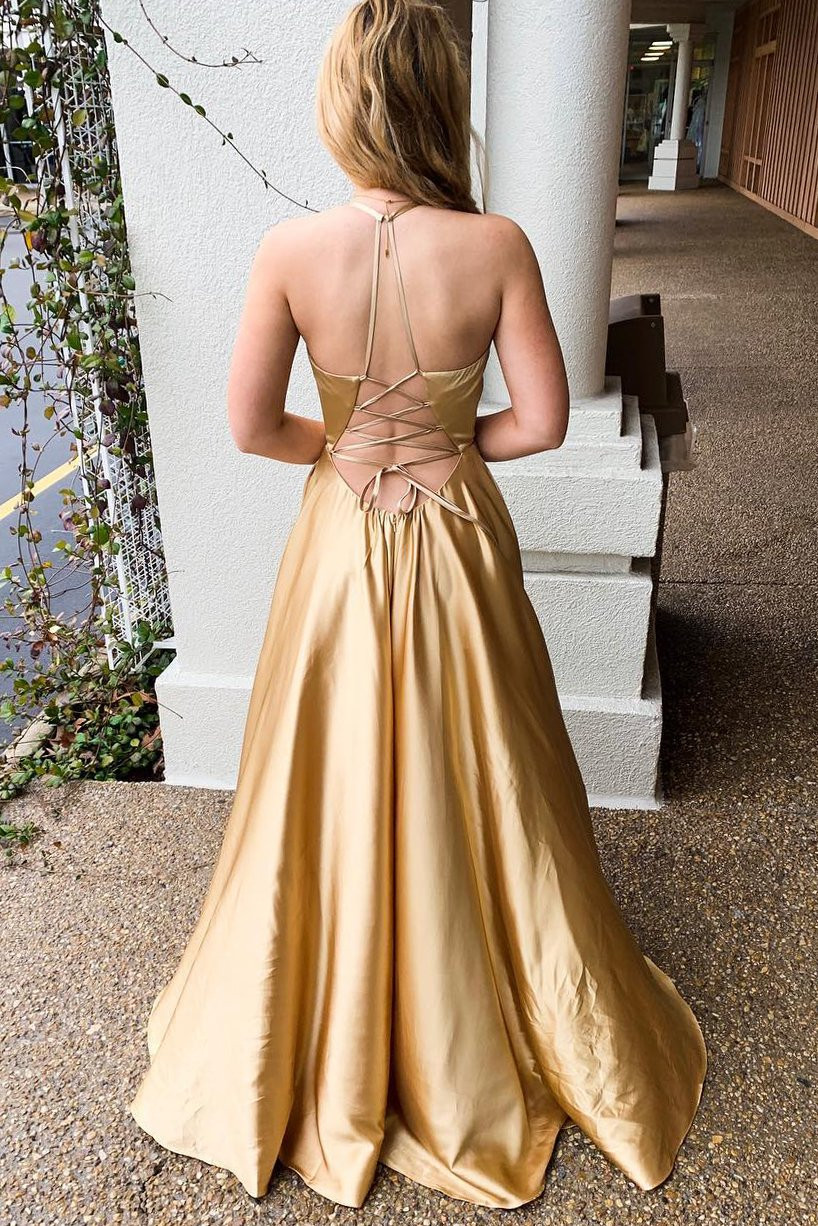 Shop Beautiful 2020 Satin Halter Lace-Up Mesh Gold Long Prom Dress with  Slit from ANNAKOO