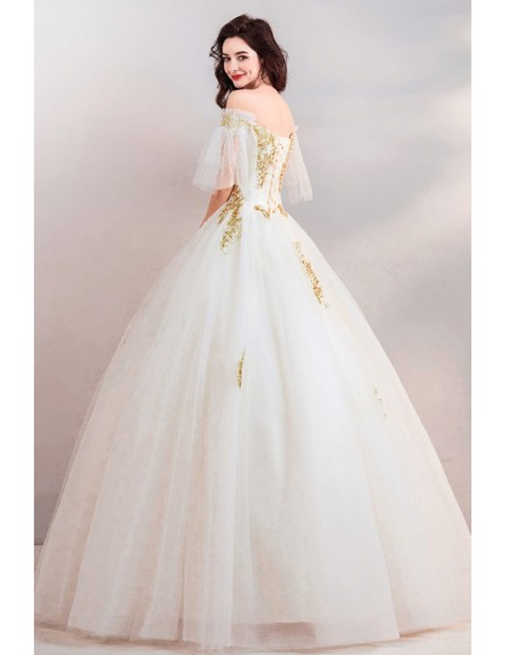 Shop Beautiful Embroidery Ball Gown Court White With Gold Wedding Dress  With Sleeves under 100