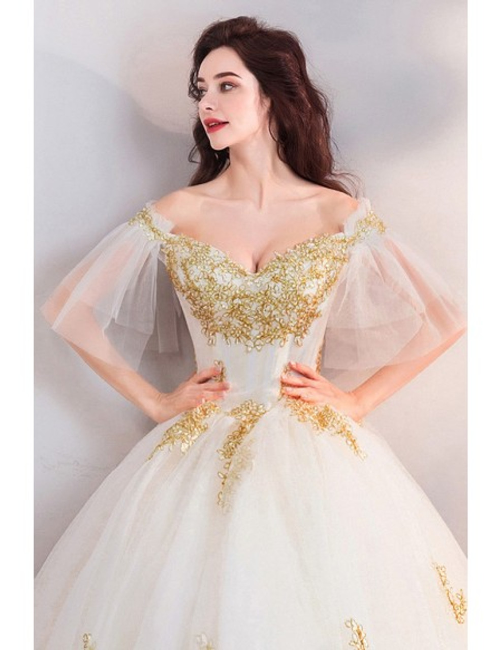 Shop Beautiful Embroidery Ball Gown Court White With Gold Wedding Dress  With Sleeves under 100