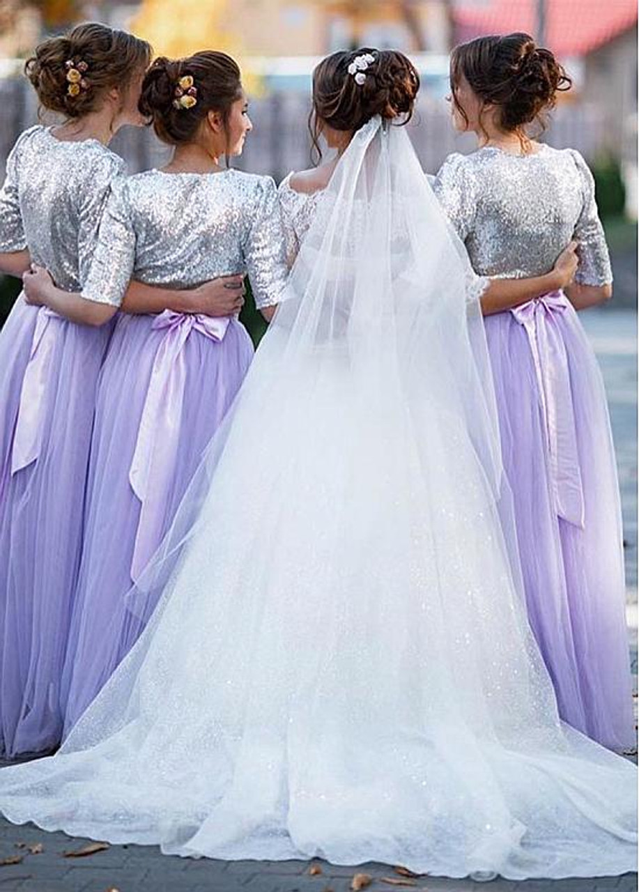 Shop Light Purple Sequin Lace Jewel Lilac Floor-length A-line Bridesmaid  Dresses With Belt under