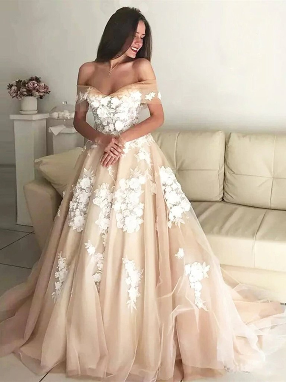 Shop 2020 Romantic Off Shoulder White Lace Appliques Champagne