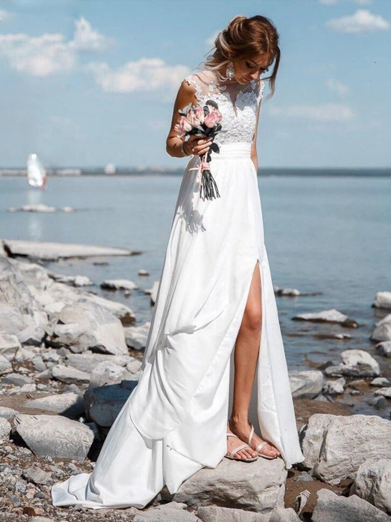 lace three quarter sleeve wedding dress A-line Cathedral Train Royal Lace Wedding Dresses with 3/4 Sleeves SWD –  SheerGirl main image 1