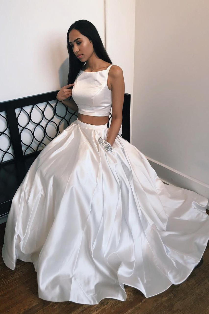 Shop 2020 New Arrival Long Two Piece White Prom Dress With Beaded Pockets Under 100