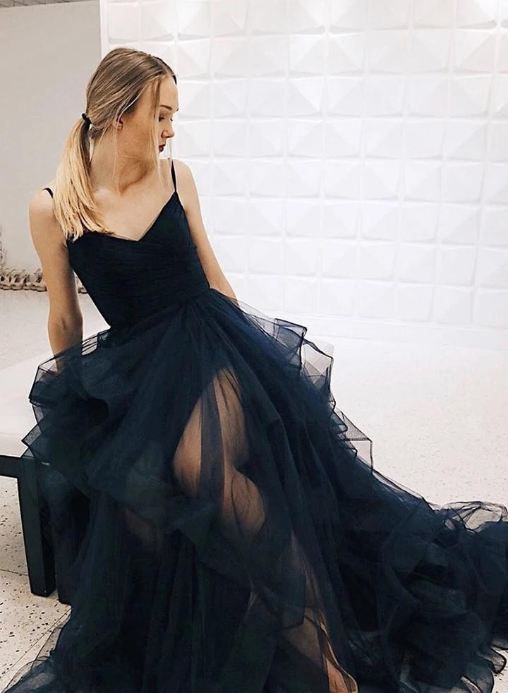 Shop 2020 A Line V Neck Dark Navy Blue Tulle Long Prom Dress Under 200