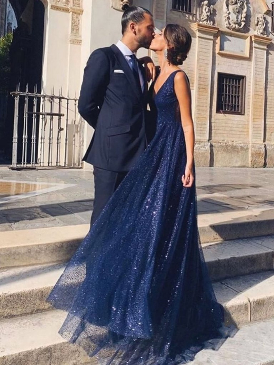 navy blue glitter prom dress