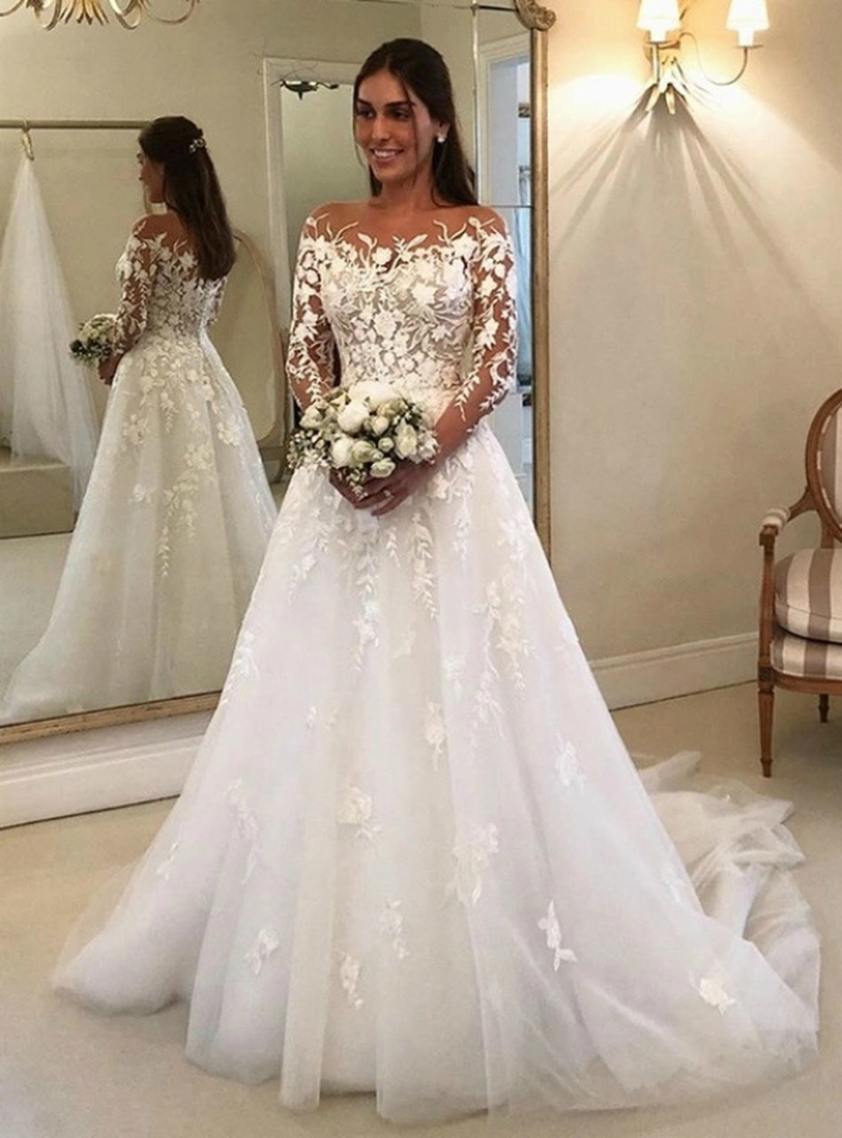 Shop 2020 Romantic Appliques A-Line White Tulle Long Sleeve