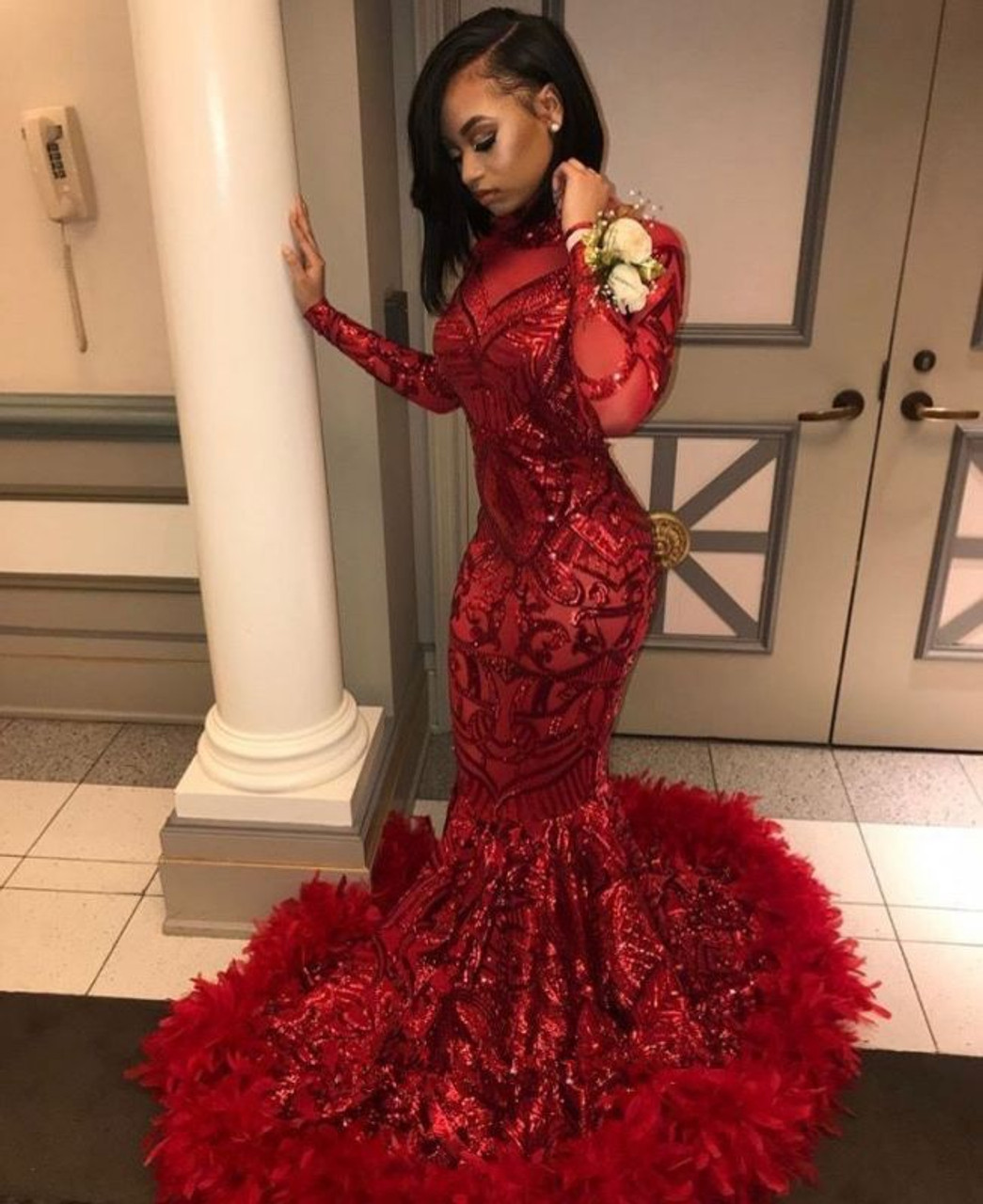Buy Unique Long Sleeve Mermaid Sexy Sequins Appliques Feather Red Prom ...