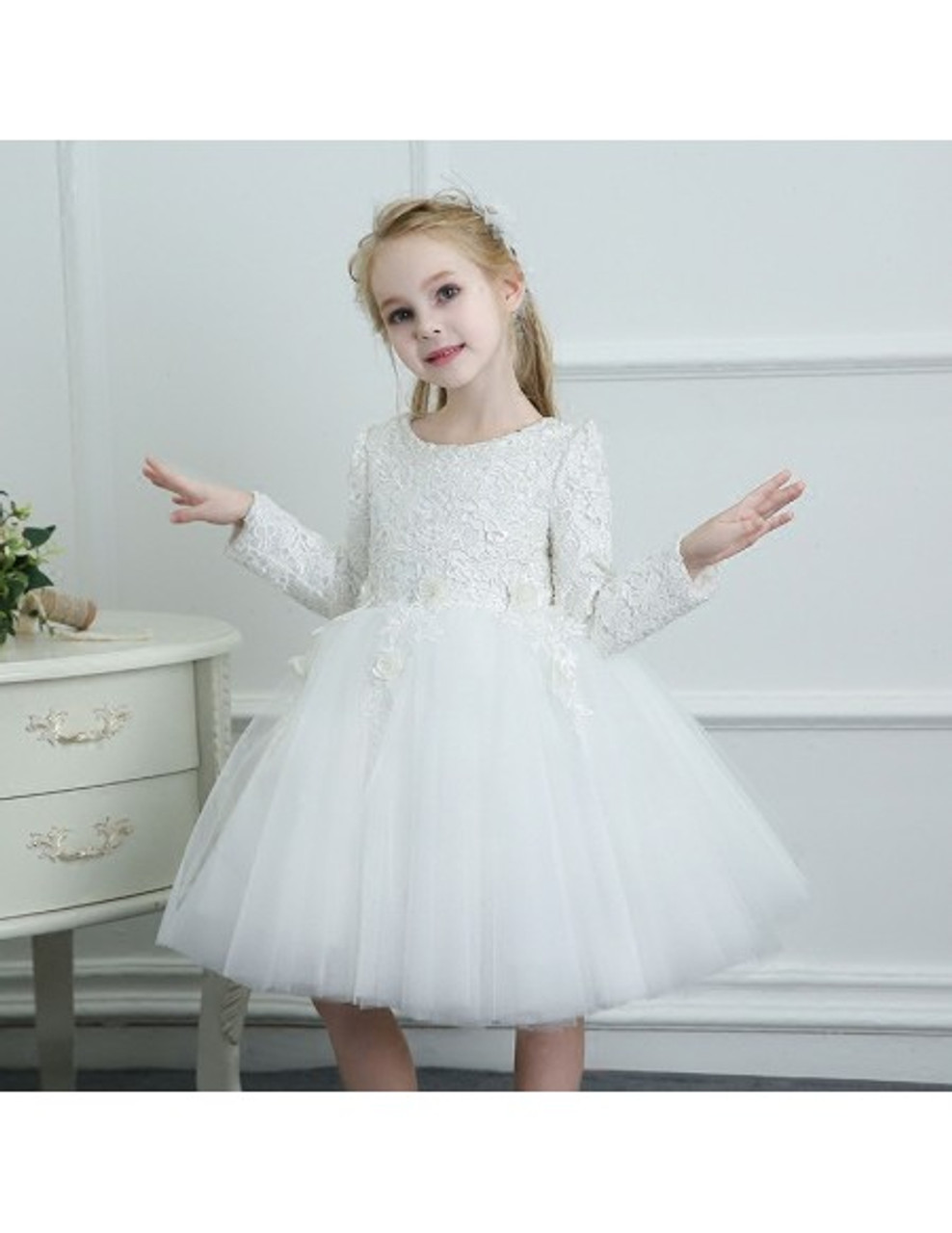Tulle Long Sleeves White Tutus Flower Girl Dress