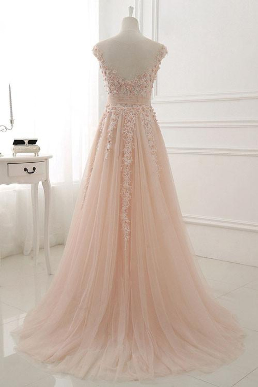 Light pink lace applique tulle long prom dress, Pink lace applique