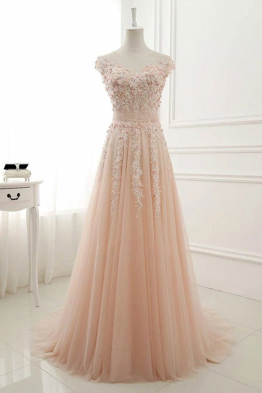 Cute Applique Lace Pink Prom Dresses, Pink Formal Dresses, Pink Evening  Dresses
