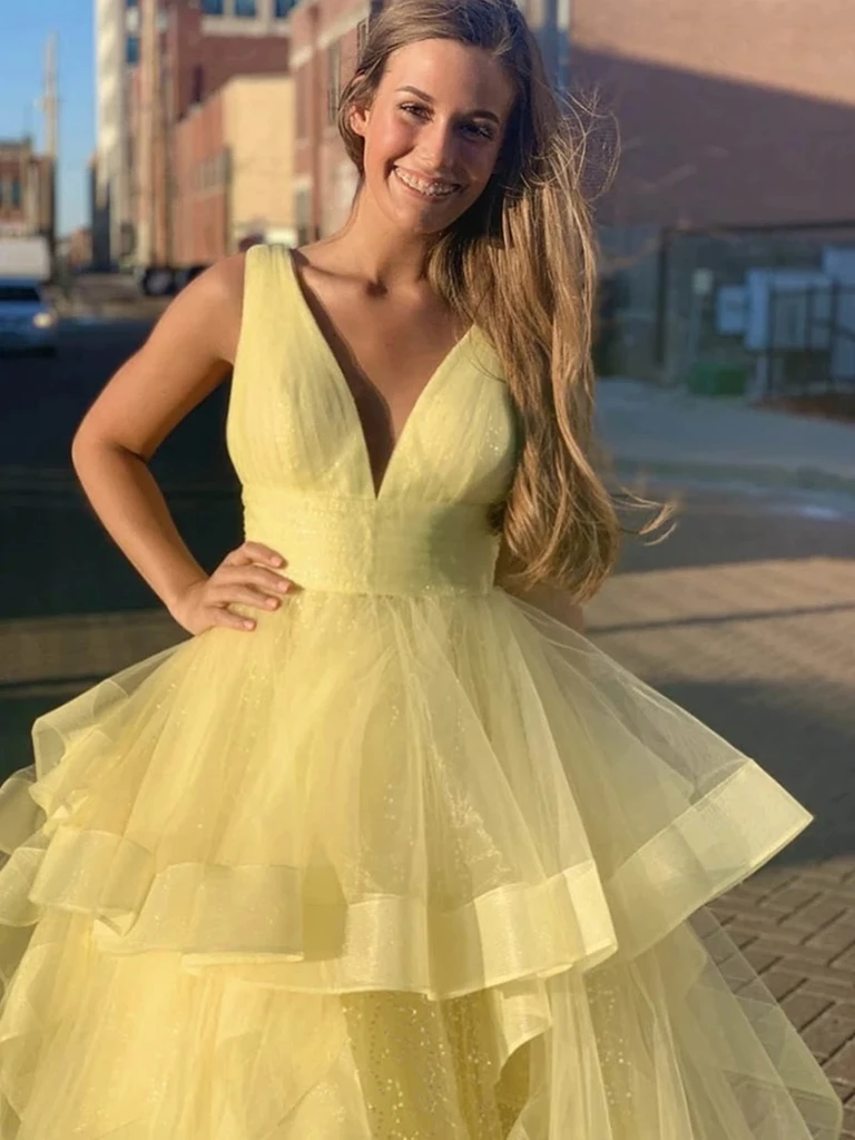 Fluffy Tulle V Neck Sequins Yellow Long Prom Dress