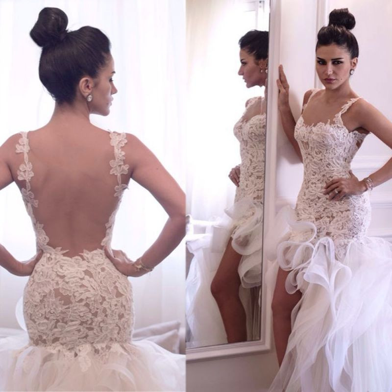 Lace Top Sheer Back Organza Sexy Short Front Long Back Bridal Wedding Dress  An Extra 40%