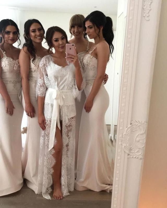 Shop Beautiful Satin Spaghetti Straps Appliques Champagne Mermaid  Bridesmaid Dress Under 125