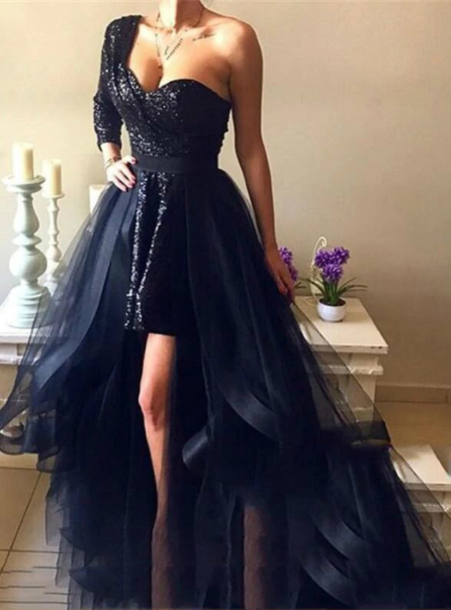 Shop 2020 One Shoulder A-Line Black Tulle Sequins Long Sleeve Prom Dress  With Detachable Train
