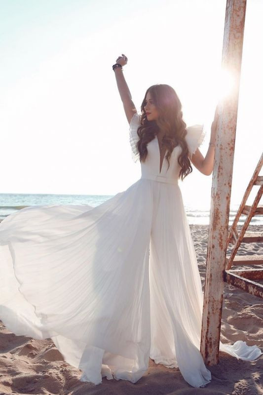 Shop Beach Boho A-line Chiffon V-neck Sexy Short Sleeve Floor Length Tulle Cheap  Wedding