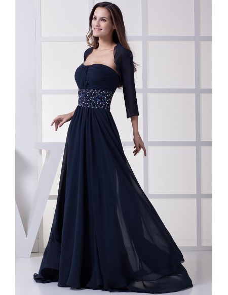 Chiffon Long Dark Navy Blue Beaded Mother of Bride Dress with Jacket