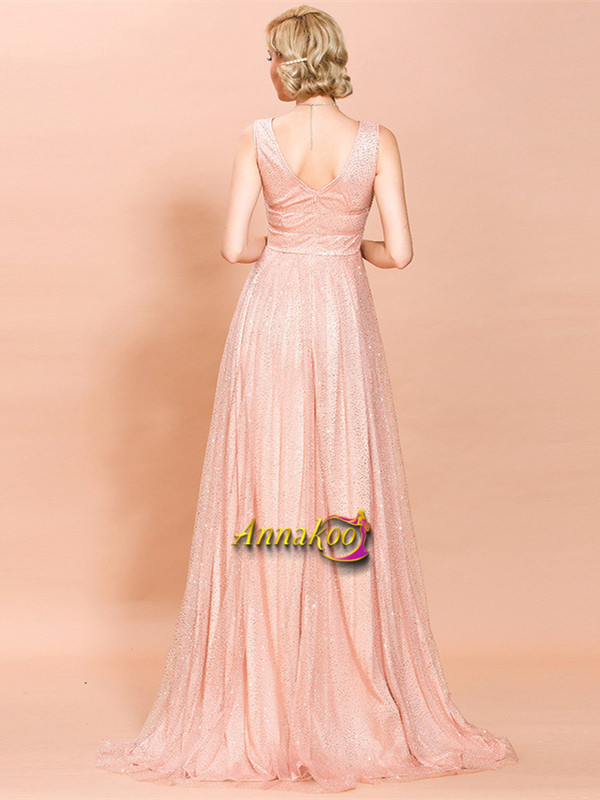 V Neck Tulle A Line Pink Evening Dress Prom Gown main image 1