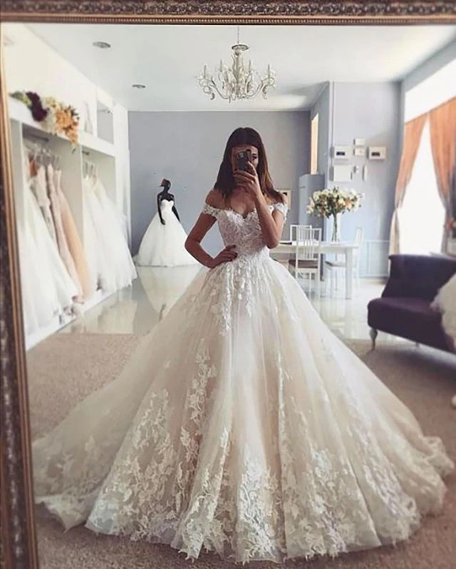 Shop 2021 Unique Lace Tulle Applique Ball Gown Off The Shoulder Wedding ...