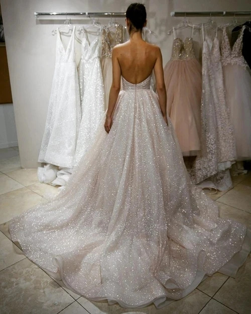 pink glitter prom dress A-line Sparkly Sequin Princess Pretty Long Wedding Dresses WD071 – bridalsew main image 1