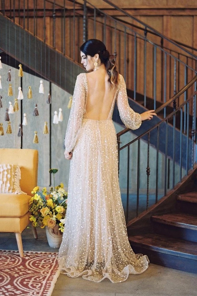 Shop 2021 Sparkle Champagne Sequin Beading Long Sleeve Backless Wedding  Dress Under 298