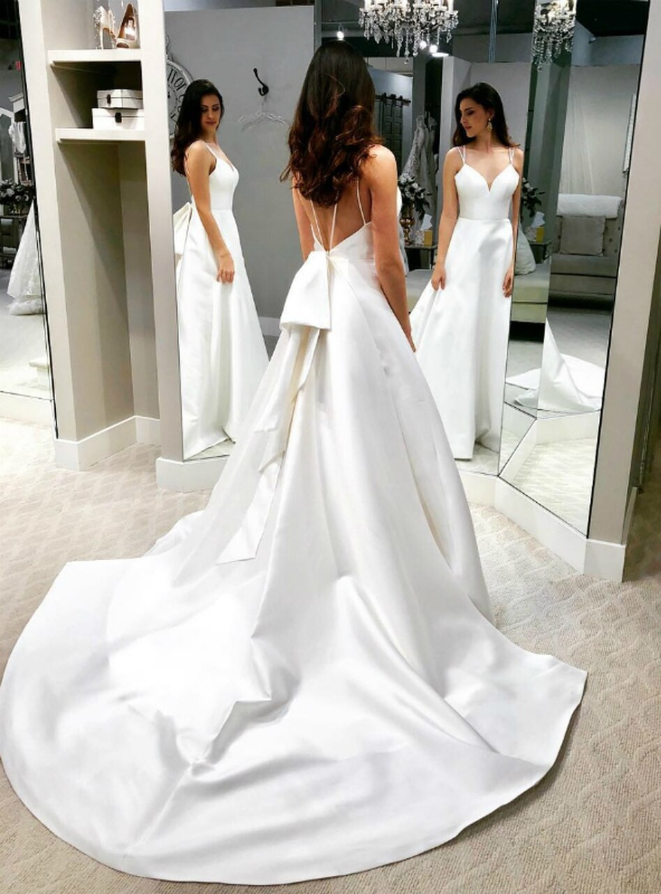 Shop 2021 White Satin Double Straps Backless A Line Wedding Dress