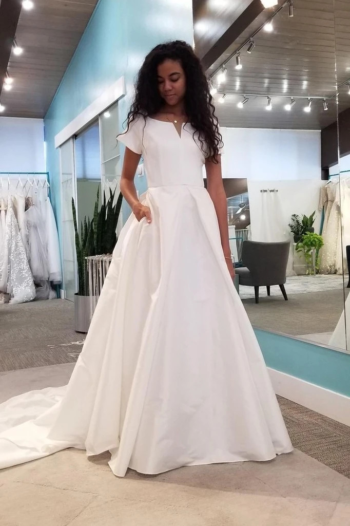 wedding dress with short sleeves and pockets Buy 2021 V Cut Neck Short Sleeve Satin Wedding Dress With Pockets Under 168