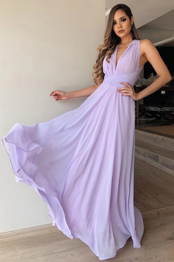 Shop 2021 Chiffon Pleats Lavender Purple V Neck A Line Prom Dress Under 94