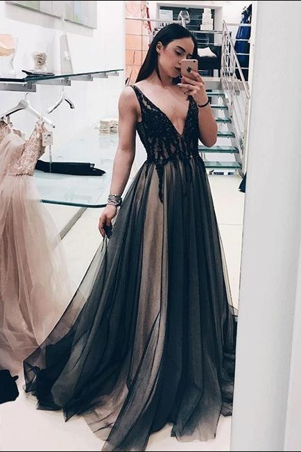Shop 2021 Black V Neck A Line Tulle Appliques Prom Dress Under 148