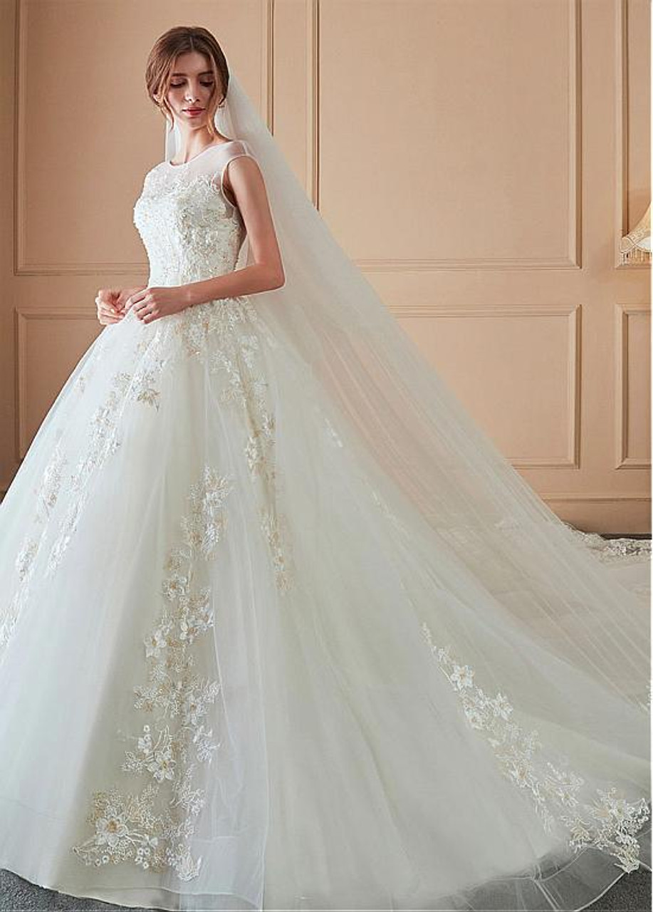 T232073 Gorgeous Tulle Ball Gown with 3-D Floral Lace Appliqués