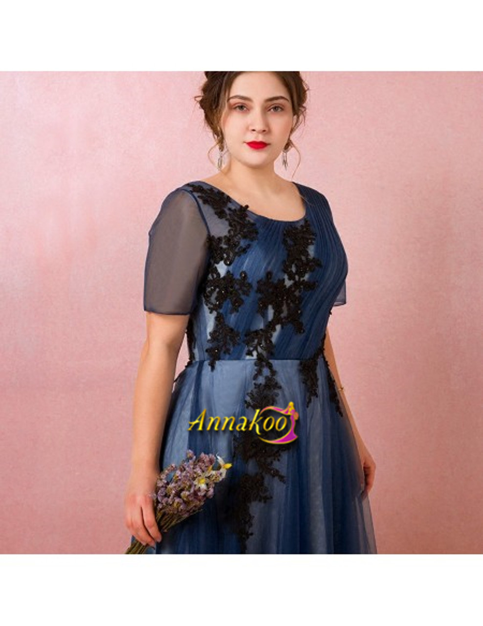 Shop 2021 Navy Blue Pleated Tulle Sheer Sleeves Plus Size Formal Prom Dress  Under 145