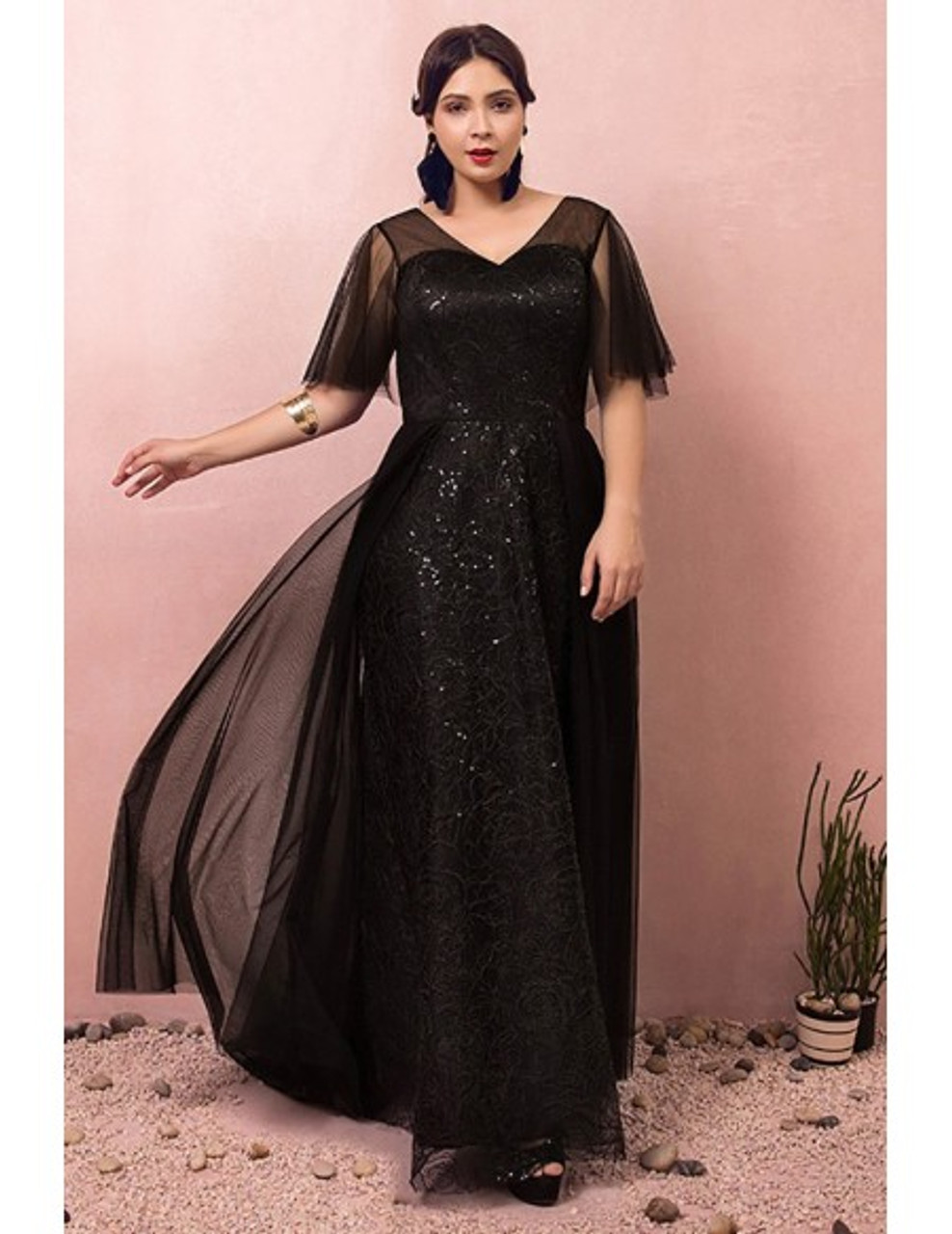 Shop 2021 Black V Neck Long Sequins Puffy Sleeves Plus Size Prom Dress  Under 148